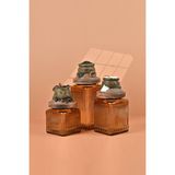 Handan Uzunoğlu by Uzunoğlu El Yapımı Özel Tasarım Çay Kahve Şeker Kavanozu - 3'lü Set - Vakumlu Ahşap Kapaklı (Yeşil Detaylı) - Medium Amber Çizgili Cam - Mutfak ve Ev Dekorasyonu