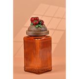 Handan Uzunoğlu by Uzunoğlu El Yapımı Özel Tasarım Kavanoz - 1000 ml - Vakumlu Ahşap Kapaklı (Domates Detaylı) - Dark Amber Çizgili Cam - Mutfak ve Ev Dekorasyonu