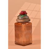 Handan Uzunoğlu by Uzunoğlu El Yapımı Özel Tasarım Kavanoz - 1000 ml - Vakumlu Ahşap Kapaklı (Domates Detaylı) - Light Amber Çizgili Cam - Mutfak ve Ev Dekorasyonu