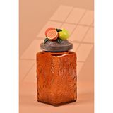 Handan Uzunoğlu by Uzunoğlu El Yapımı Özel Tasarım Kavanoz - 1000 ml - Vakumlu Ahşap Kapaklı (Portakal Detaylı) - Dark Amber Çiçekli Kare Cam - Mutfak ve Ev Dekorasyonu