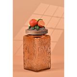 Handan Uzunoğlu by Uzunoğlu El Yapımı Özel Tasarım Kavanoz - 1000 ml - Vakumlu Ahşap Kapaklı (Portakal Detaylı) - Light Amber Çiçekli Kare Cam - Mutfak ve Ev Dekorasyonu