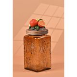 Handan Uzunoğlu by Uzunoğlu El Yapımı Özel Tasarım Kavanoz - 1000 ml - Vakumlu Ahşap Kapaklı (Portakal Detaylı) - Medium Amber Çiçekli Kare Cam - Mutfak ve Ev Dekorasyonu