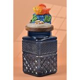 Handan Uzunoğlu by Uzunoğlu El Yapımı Özel Tasarım Kavanoz - 1800 ml - Vakumlu Ahşap Kapaklı (XL Boy Balık Marin Detaylı) - Kobalt Mavi Kare Cam - Mutfak ve Ev Dekorasyonu