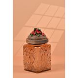 Handan Uzunoğlu by Uzunoğlu El Yapımı Özel Tasarım Kavanoz - 700 ml - Vakumlu Ahşap Kapaklı (Çilek Detaylı) - Light Amber Çiçekli Kare Cam - Mutfak ve Ev Dekorasyonu