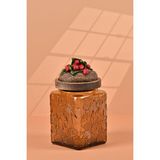 Handan Uzunoğlu by Uzunoğlu El Yapımı Özel Tasarım Kavanoz - 700 ml - Vakumlu Ahşap Kapaklı (Çilek Detaylı) - Medium Amber Çiçekli Kare Cam - Mutfak ve Ev Dekorasyonu