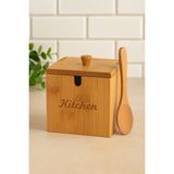 Handanca Bambu Kapaklı Kaşıklı 12X12 Çok Amaçlı Baharat ve Tuzluk Kutusu – Kitchen Yazılı - Seçenek 1
