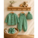 Handmade %100 Pamuk Bebek Takımı 4’lü Set Hırka Tulum Patik Şapka Antialerjik 6-12 Ay Mint Yeşil - 6 - 12 Ay