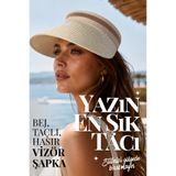Handmade Bej Hasır Vizör Şapka Kadın Güneş Şapkası Taçlı Yazlık Plaj Şapkası UV Korumalı