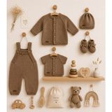 Handmade El Örgüsü 5’li Bebek Seti Kahverengi Hırka Tulum Şapka Patik Yelek Takımı 6-12 Ay - 6 - 12 Ay