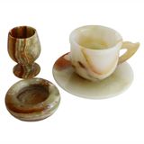 Handmade Oniks Doğal Taş Dekoratif Set, Fincan Tabağı, Kadeh ve Kül Tablası, El İşçiliği Mermer Desenli Masa Süsü, 3 Parça (Oval Küllük)