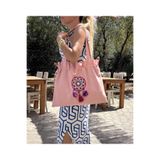 Handream Büzgülü/Püsküllü Mandala Detaylı Pudra Tote Bez Omuz Çantası