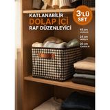 Handyol 3'lü Katlanabilir Dolap İçi Raf Düzenleyici 45x25x20 cm Siyah-Beyaz Ekose Kumaş - Siyah - Beyaz