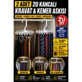 Hane Dostu 2 Adet 20 Kancalı Kravat ve Kemer Askısı 360° Döner Dolap Düzenleyici Organizer Beyaz