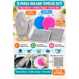 Hane Dostu 5 Parça Bulaşık Temizlik Seti – Folyo Eldiven, 2 Silikon Sünger ve 2 Ovma Bezi