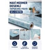 Hane Dostu Mavi Mermer Desenli Yapışkanlı Folyo 60x5 Metre Su Geçirmez Tezgah Masa Kaplama
