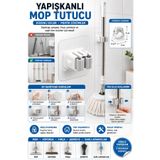 Hane Dostu Yapışkanlı Mop Tutucu Süpürge ve Paspas Askısı Duvar Tipi Sap Düzenleyici Beyaz