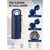 Hane216 304 Paslanmaz Çelik Çocuk Su Matarası 600 ml Çift Içim Modlu Kilit Kapaklı Sızdırmaz Suluk - Lacivert