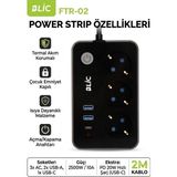Hanedanev Termal Akım Korumalı 3\'lü Priz 2 Metre - 2 USB + 1 Type-C Hızlı Şarjlı Çoklu Priz 2500W Ftr-02 Blic - Siyah