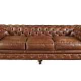 Hanel Mobilya Klasik Chesterfield Kahve Suni Deri Chester Kanepe