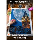 Haneliya Galata Kulesi Dolunay İstanbul - 5D Elmas Boyama Mozaik Tablo Hobi Seti - 50x40 cm