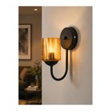 HANGAST Modern Aplik Duvar Lambası | Amber Çatlak Cam Tekli Duvar Apliği | Siyah Metal Gövde | Salon, Yatak Odası, Koridor Dekoratif Aydınlatma