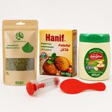 Hanif Falafel Harcı 400g, Mahrouse Tahin 400g, Promar Zahter 200g ve Kalıp | 4'lü Set, Filistin Zahteri, Falafel Kalıbı Dahil, Tahin İçerir, Hazır Harç