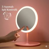 Hanım Ev LED Işıklı Dokunmatik Masa Üstü Makyaj ve Bakım Aynası Şarjlı Taşınabilir Kozmetik Aynası - Pembe
