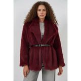Hanka Kadın Geniş Yaka Kuşaklı Kürklü Oversize Bordo Kaban - 40