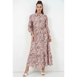 Hanka Kadın Gömlek Yaka Kuşaklı Çiçek Desenli Viskon Pembe Tesettür Elbise - 40