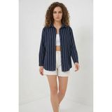 Hanka Kadın Oversize Çizgili Viskon Lacivert Gömlek - 38