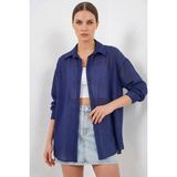 Hanka Kadın Oversize Dikey Çizgili Viskon Lacivert Gömlek - 42