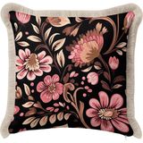 Hanna Home Kırlent Kılıfı Siyah Pembe Çiçek Desenli Saçaklı Kırlent Kılıfı Saçaklı Kırlent Yatak Odası Dekoru 43X43 cm - 43 x 43 cm