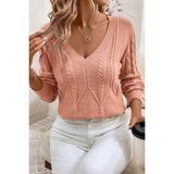 hanope Kadın Saç Örgülü V Yaka Pudra Triko Kazak