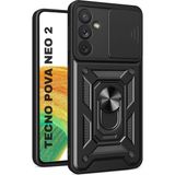 HANPORIUM Tecno Pova Neo 2 Uyumlu Tank Kılıf Yüzüklü Standlı Extra Darbe Koruma Zırhlı Outdoor Kapak - Siyah
