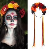 HANSAMU Floral Day of the Dead Kafa Bandı Meksika Kafatası Gül Çiçekli Taç Kadın Kız Çocuk Cadılar Bayramı Kostümü (Turuncu Siyah Kırmızı)
