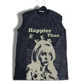 Happier Than Ever Yazılı Yıkamalı Kolsuz Tişört, Unisex Billie Eilish Baskılı Sıfır Kollu Atlet - Siyah - XL
