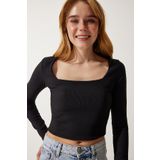 Happines İst. AN00176 Siyah Kare Yaka Fitilli Crop Kadın Örme Bluz