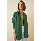 Happiness İst. 3900 DD00842 Kadın Zümrüt Yeşili Oversize Uzun Basic Gömlek