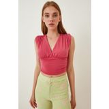 Happiness İst. BF00039 Kadın Pembe Derin V Yakalı Crop Sandy Örme Bluz