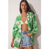 Happiness İst. BH00381 Kadın Bej Yeşil Desenli Keten Viskon Kimono