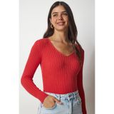 Happiness İst. BV00096 Kadın Koyu Oranj V Yaka Fitilli Basic Bluz