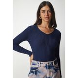 Happiness İst. BV00096 Kadın Lacivert V Yaka Fitilli Basic Bluz
