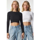 Happiness İst. CE00085 Kadın Beyaz Siyah Fitilli 2'Li Paket Triko Crop Bluz
