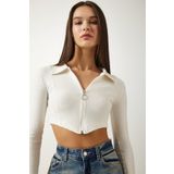 Happiness İst. CE00090 Kadın Ekru Fermuarlı Polo Yaka Crop Örme Bluz