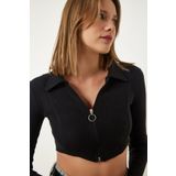 Happiness İst. CE00090 Siyah Fermuarlı Polo Yaka Crop Örme Kadın Bluz