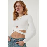 Happiness İst. CE00091 Kadın Beyaz Cut Out Detaylı Crop Bluz