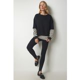 Happiness İst. CR00413 Kadın Siyah Çizgili T-Shirt Parçalı Örme Sweatshirt