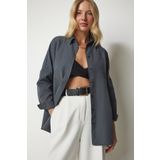 Happiness İst. DD00842 Füme Oversize Uzun Basic Kadın Gömlek