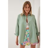 Happiness İst. DD00842 Kadın Açık Çağla Yeşili Oversize Uzun Basic Gömlek