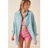 Happiness İst. DD00842 Kadın Su Yeşili Oversize Uzun Basic Gömlek